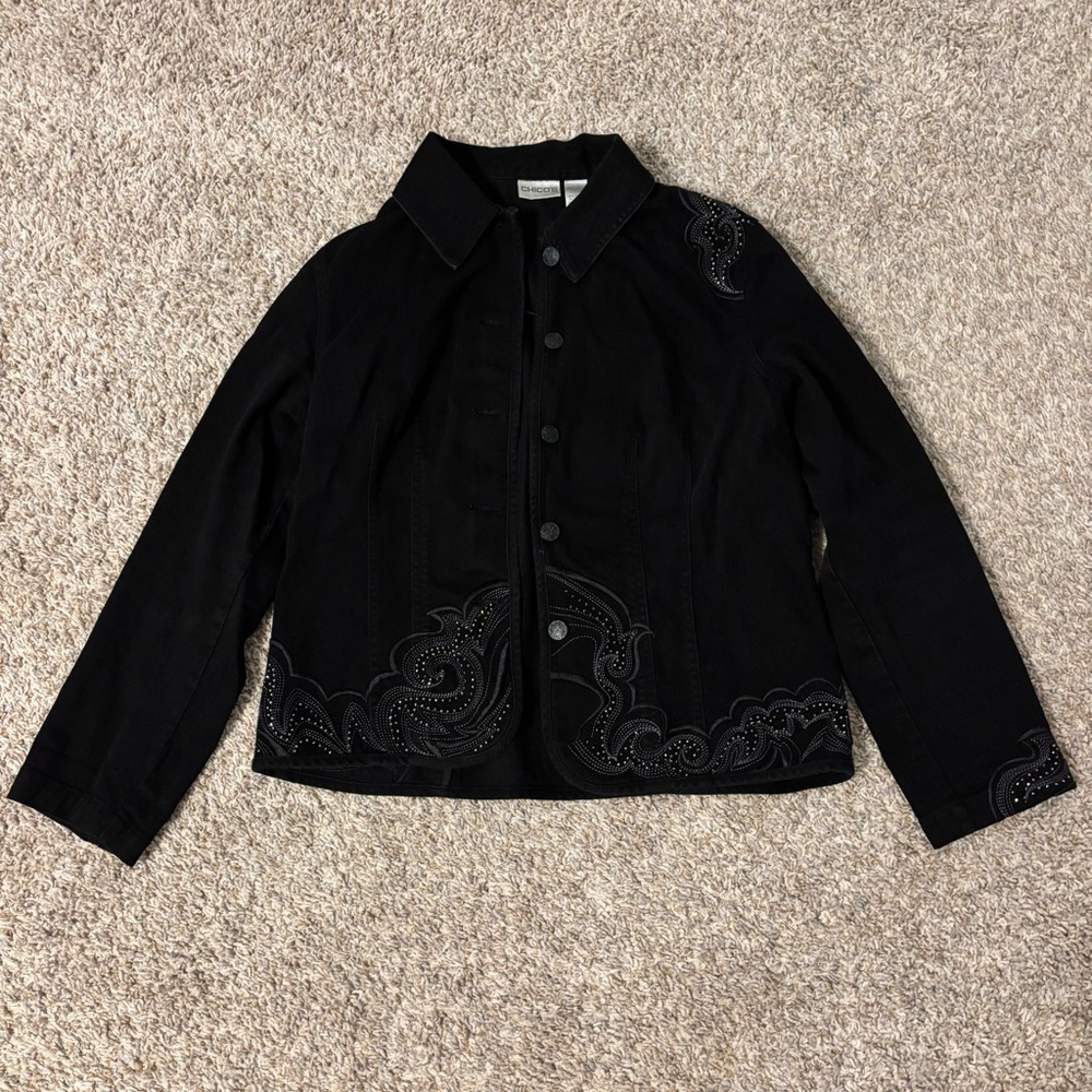 🖤 Chico's Black Jean Jacket with Rhinestones and Embroidery